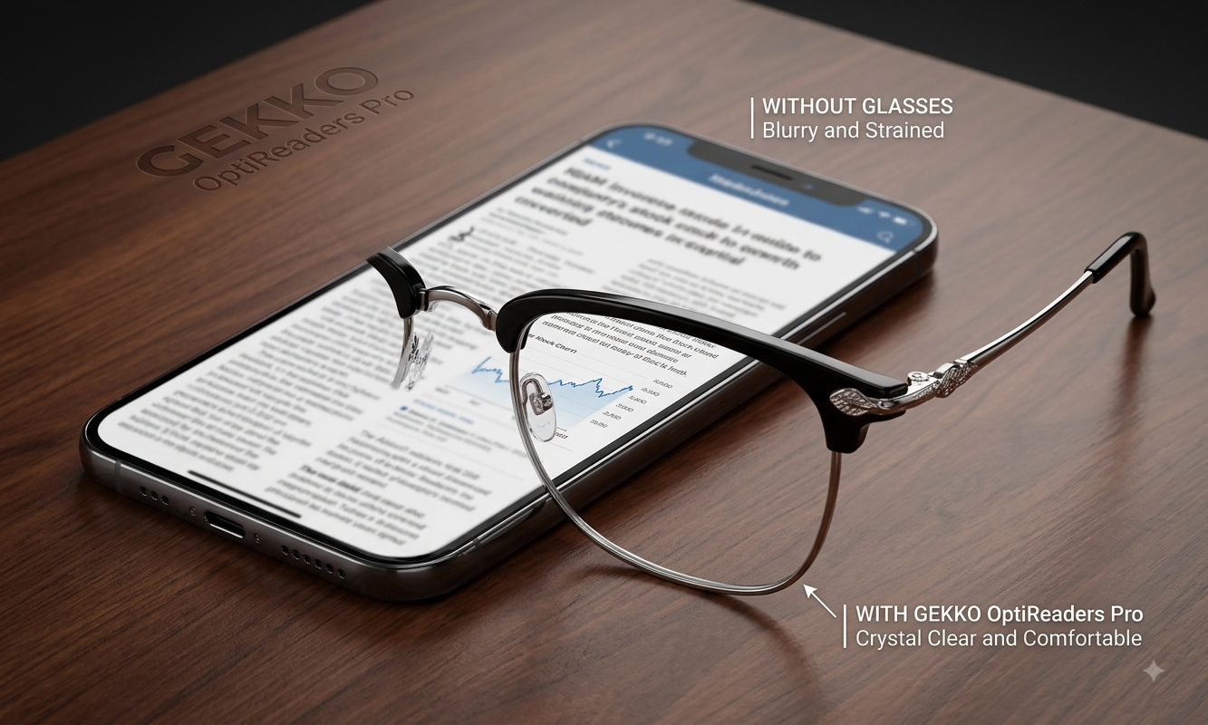 Gekko OptiReaders Pro resting on a smartphone showing clear text versus the blurry view without glasses